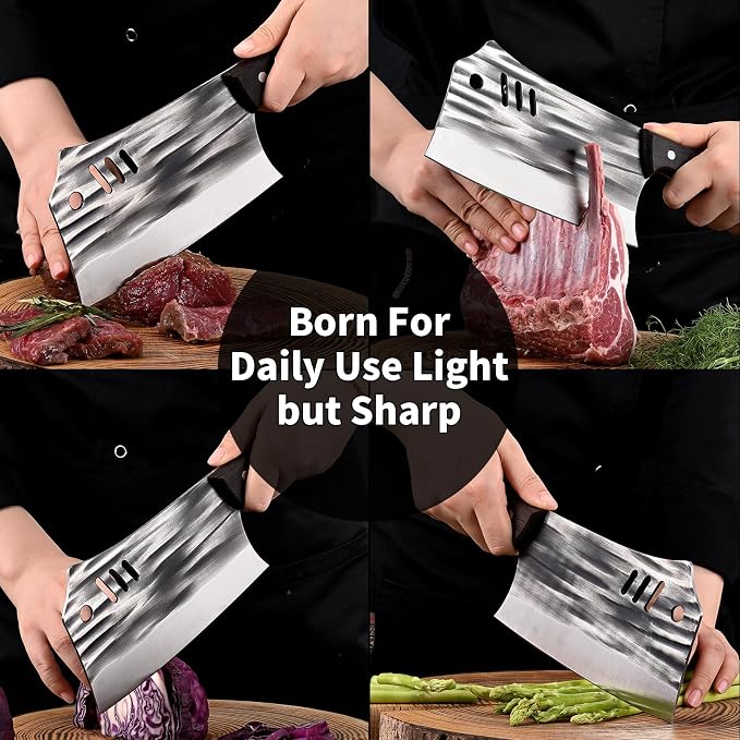 SHI BA ZI ZUO Chopping Knife Forged Cleaver Knife Heavy Duty Kitchen Knife for Meat Cutting with Anti-Slip Wooden Handle