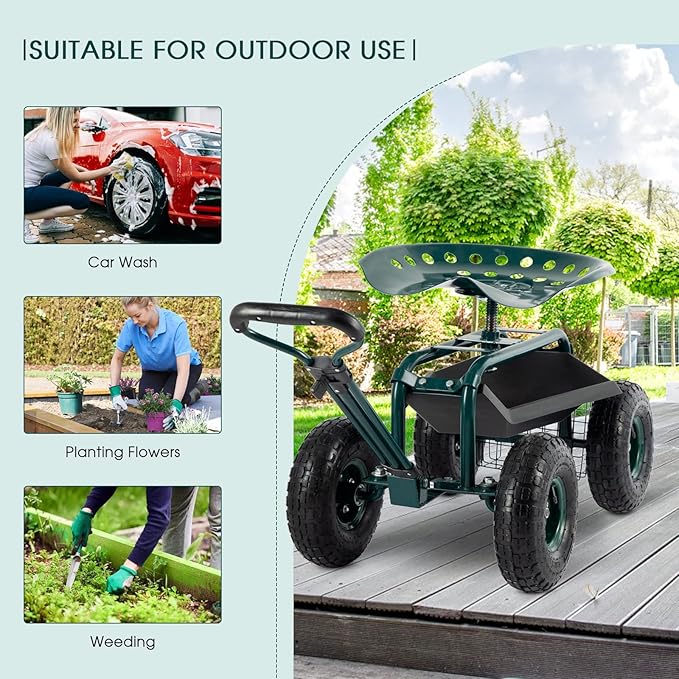 Garden Cart with Seat Outdoor Gardening Carts Heavy Duty Rolling Garden Stools Scooter with Handle and Storage for Seniors, Green