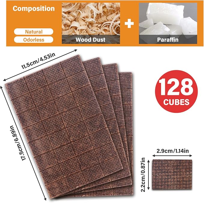 HGD Fire Starter, 128 Mini Square, Natural Fire Starters for BBQ, Campfire, Fireplace, Charcoal, Wood Stove, Chimney, Fire Pit, Grill, Smoker, Indoor Outdoor Use