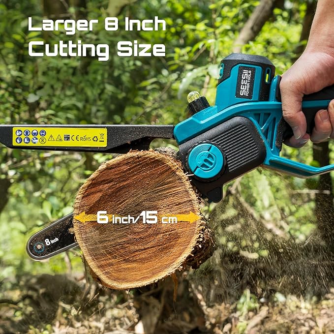 SEESII 8-Inch Cordless Mini Chainsaw, 2025 Upgraded Brushless Motor, Electric Chainsaw with 2×4000mAh Batteries, Tool-Free Chain Tension & Oiler, Handheld Saw for Fast Tree Branch Cutting(M8 Boost)