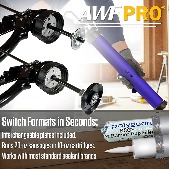 AWF PRO Sausage Caulking Gun 20 oz, 12:1 Thrust Ratio | 20 oz Foil Pack and 10 oz Cartridge Convertible, Aluminum Barrel, Includes 3 Tips