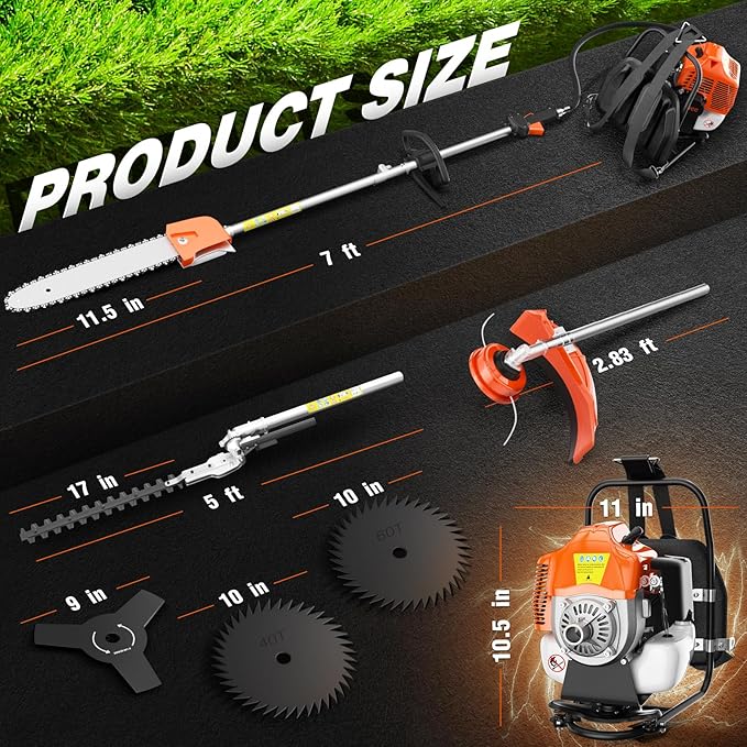6 in 1 52cc Brush Weed Cutter Petrol Hedge Trimmer Grass Pruner Chainsaw Trimmer with Four Mowing Heads for Gardening Care