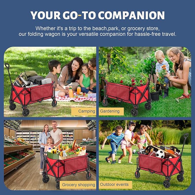Collapsible Folding Wagon Cart, 220LBS Heavy Duty Foldable Utility Garden Cart with All Terrain Wheels & Side Storage Bag, Portable Sports Wagon for Camping, Shopping, Garden. (Red)