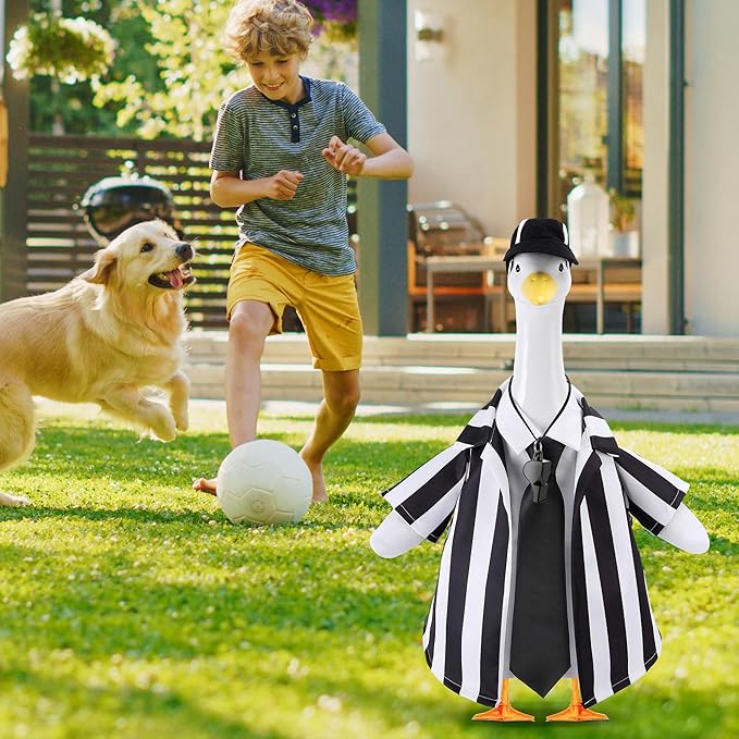 Watayo 4 Pcs/Set Referee Porch Goose Outfits, Lawn Goose Statue Referees Costume, Garden Goose Clothes Referee Shirt Hat Tie and Whistle for 23" Statue Halloween Sports Season Outdoor Patio Yard Decor