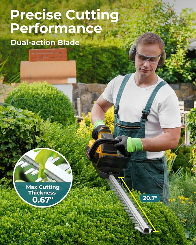 20'' Hedge Trimmer Cordless with 2pcs 4000mAh Battery, Electric Handheld Bush Clipper with Rechargeable Batteries, 3000RPM 180° Rotatable Head, 2/3'' Blade Gap, Yellow