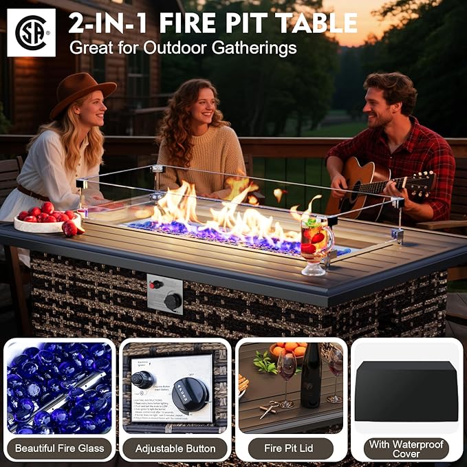 MEISSALIVVE 5 Pieces Patio Furniture Set with 43" Fire Pit Table, Wicker Patio Conversation Set with Swivel Rocking Chairs, Outdoor Patio Set for Lawn Backyard Porch (Brown)