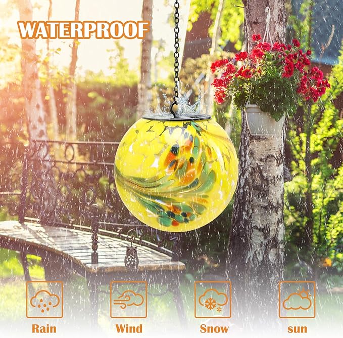 Solar Hanging Lanterns Outdoor Solar Glaze Glass Lantern Gazing Ball Globe Hanging Outdoor Lights for Garden Yard Home Decoration Yellow
