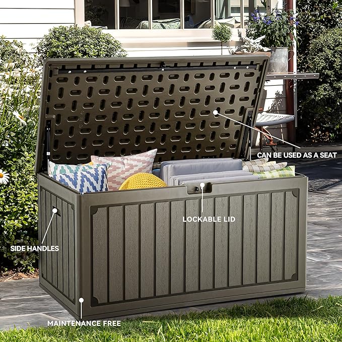 YITAHOME 90 Gallon Large Deck Box, Double-Wall Resin Outdoor Storage Boxes, Deck Storage for Patio Furniture, Cushions, Pool Float, Garden Tools, Lockable & Waterproof (Light Brown)