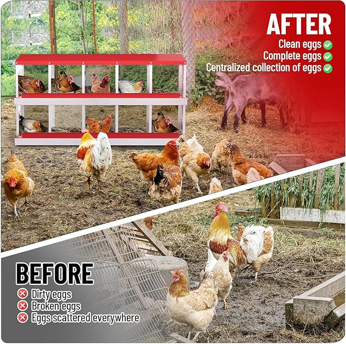 TrailBlaze Chicken Nesting Box 10 Compartments Laying Boxes, Metal Chicken Egg Laying Box with Rollout Egg Collection, Large Vented Holes Chicken Coop for Chickens, Hens (Red)