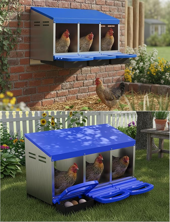 3 Room Chicken Nesting Boxes, 3 Compartment Metal Rollaway Nesting Box for Laying Hens with Cleanable Pull-Out Trays Wall Mount or Placed Design for Chicken Egg Layers