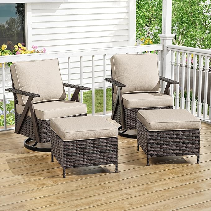 Outdoor Swivel Rocker Chairs Set of 4, Wicker Swivel Patio Chair with Ottomans, Patio Furniture Set for Outside Backyard