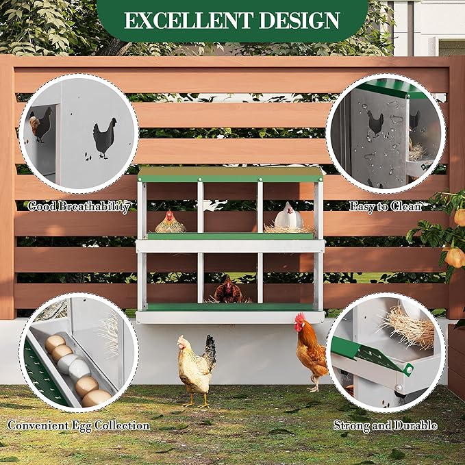 Metal Nesting Boxes for Chickens - 6 Compartments Chicken Roosting Boxes, Chicken Coop Nest Box with Perch & Lid - Versatile Wall Mount or Free Standing for Backyard Flocks, Homesteads, Farms