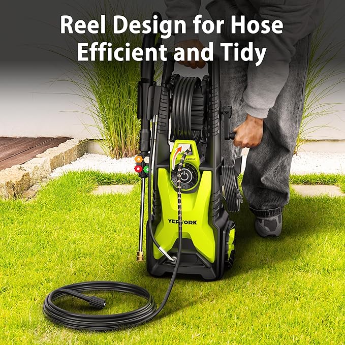 4000 Max Adjustable PSI Pressure Washer, 2 Max GPM Power Washer with 33 FT Hose Reel, Steel Wand, 500ml Foam Cannon, 4-Nozzle Set, Electric Pressure Washer for Cars, Fences, Patios