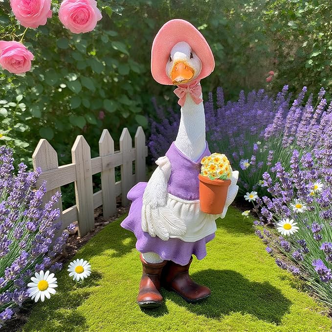 iRonrain Garden Statues Gardener Couple Duck, Indoor Ourdoor Decorations Cute Ducks Art Décor Figurine Ornament for Yard Home Garden Patio and Office (Femal)