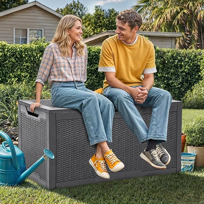 YITAHOME 100 Gallon Large Resin Deck Box Outdoor Storage Boxes for Patio Furniture, Outdoor Cushions, Garden Tools and Pool Supplies-Waterproof,Lockable (Dark grey)