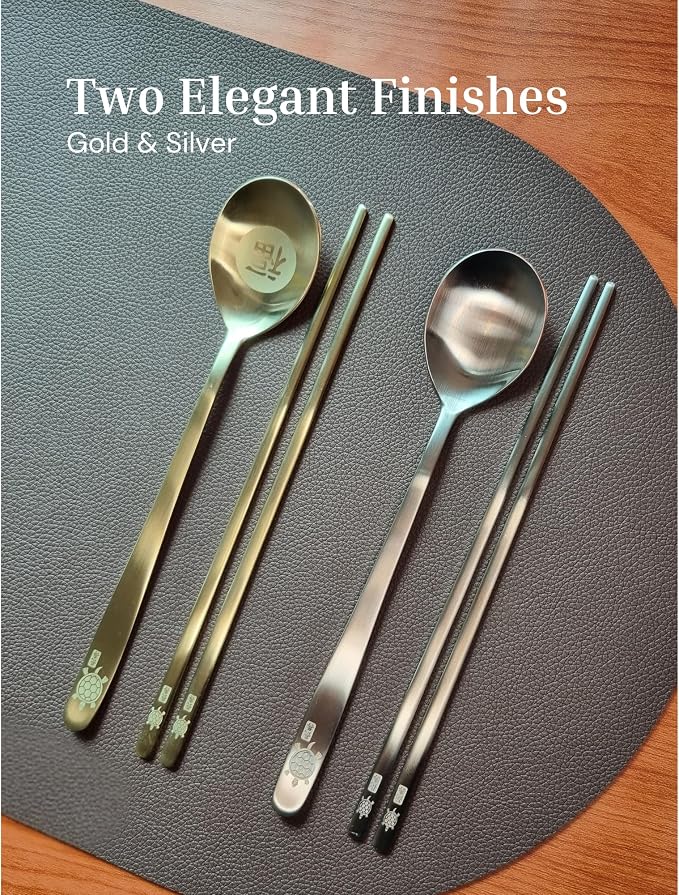 ONGI Korean Spoon and Chopsticks Set, Flat Korean Chopsticks, Premium 18/10 Stainless Steel, Turtle Symbol Design, Made in Korea, Dishwasher Safe, Meaningful Korean Gift (TT Silver 2 Set)
