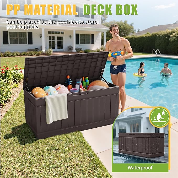 Greesum 82 Gallon Resin Deck Box Large Outdoor Storage for Patio Furniture, Garden Tools, Pool Supplies, Weatherproof and UV Resistant, Lockable, Dark Brown