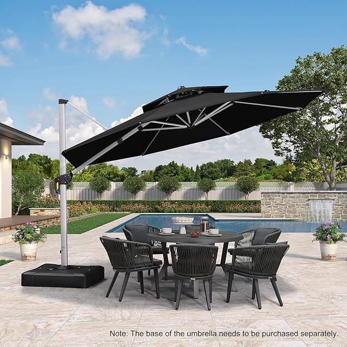 PURPLE LEAF 12 Feet Double Top Round Deluxe Patio Umbrella Offset Hanging Umbrella Outdoor Market Umbrella Garden Umbrella, Black