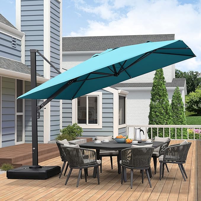 PURPLE LEAF 11 FT Square Patio Umbrella Large Outdoor Aluminum Offset Umbrella with 360-degree Rotation Cantilever Umbrella for Garden Deck Backyard Pool, Turquiose Blue