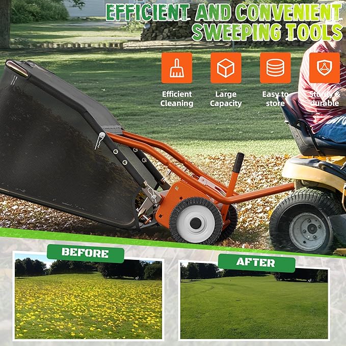 42" Lawn Sweeper Tow Behind, Grass Sweeper Tow Behind with 18.55 cu. ft Large Hopper, Heavy Duty Leaf & Grass Collector, Adjustable Brush Height Lever and Dumping Rope, Lawn and Yard Cleanup Tool