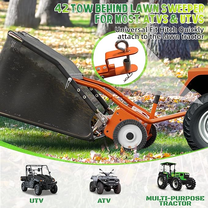 42" Lawn Sweeper Tow Behind, Grass Sweeper Tow Behind with 18.55 cu. ft Large Hopper, Heavy Duty Leaf & Grass Collector, Adjustable Brush Height Lever and Dumping Rope, Lawn and Yard Cleanup Tool