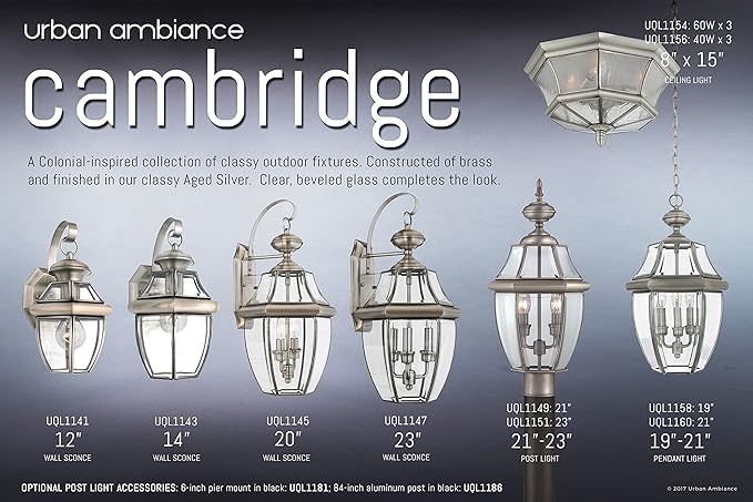 Urban Ambiance Luxury Colonial Outdoor Wall Light, Large Size: 22.5" H x 12.25" W, with Tudor Style Elements, Versatile Design, Classy Aged Silver Finish and Beveled Glass, UQL1147