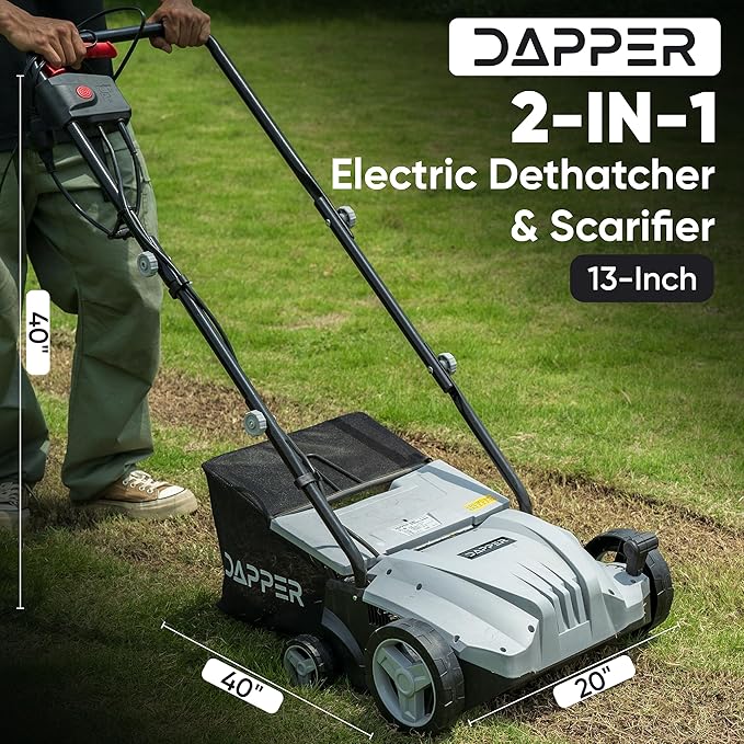 13-Inch 2-in-1 Electric Dethatcher and Scarifier Lawn Dethatcher with 8-Gallon Removable Thatch Collection Bag, 4-Position Depth Adjustment, 12 Amp, Quick-Fold, Keeps Lawn Healthy
