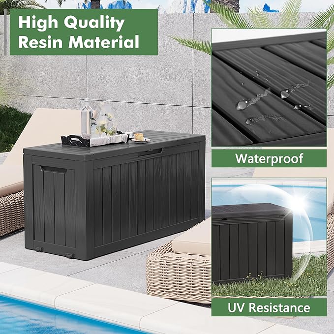 Outdoor Storage Box, Resin Deck Boxes Indoor and outdoor, Waterproof Storage Box Lockable Lid (Black, 73 Gallon)