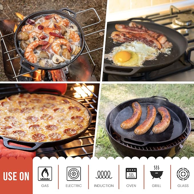 Chef Pomodoro Cast Iron Pizza Pan, 12 Inch, Pre-Seasoned Non-Stick Skillet | Multi-Use Cast Iron Cookware for Dosa Tawa, Roti, Tortilla Comal, Crepes, Oven, Grill, BBQ, and Campfire Cooking