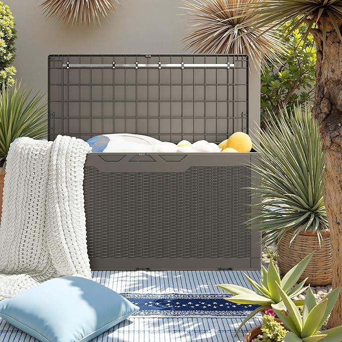 JUMMICO 100 Gallon Resin Deck Box with Cushion, Waterproof Outdoor Storage Box with Lockable Lid for Garden Tools, Patio Cushions (Light Brown)