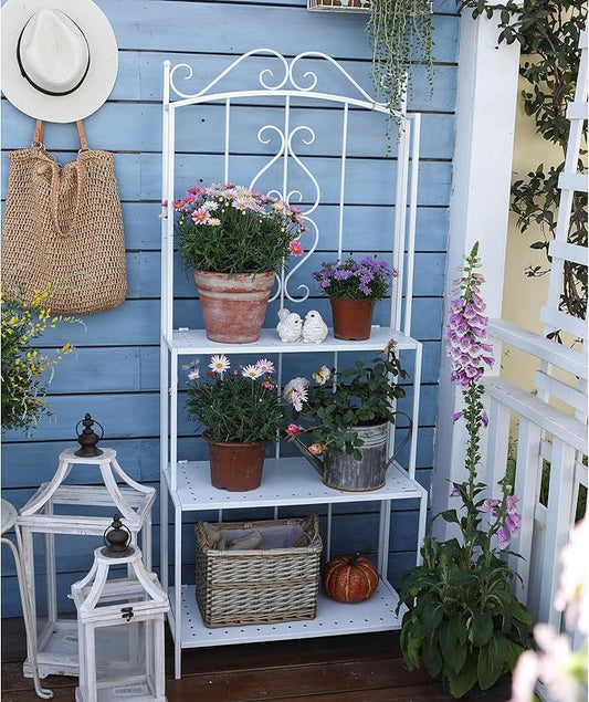 White 3-Layer Floral Plant Stand, French Style Tiered Shelf for Succulents Herbs, Ornate Iron Plant Display for Living Room Garden Decor