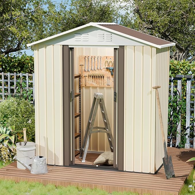 Outdoor Sheds 5FT x 3FT Outdoor Storage, Metal Anti-Corrosion Utility Tool House with Lockable Door & Shutter Vents,Outdoor Waterproof Garden Tool Metal Storage Sheds (White