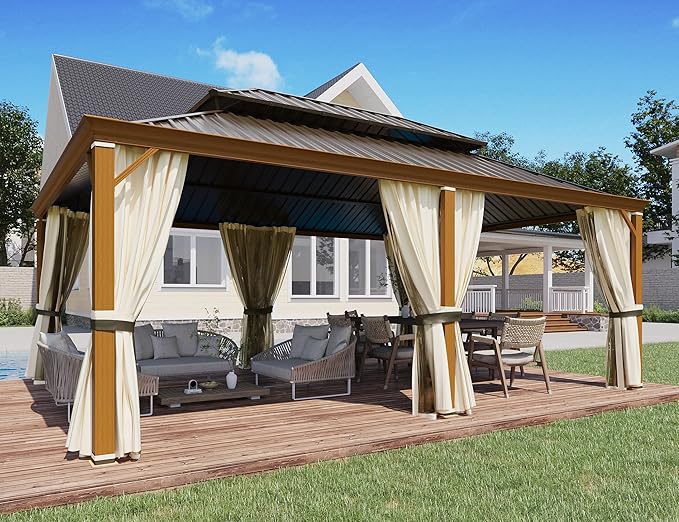 YOLENY 12'x20' Hardtop Gazebo, Wood Grain Aluminum Frame Pergola with Galvanized Steel Roof, Outdoor Metal Gazebos with Curtains and Nettings for Patio, Backyard, Deck and Lawns
