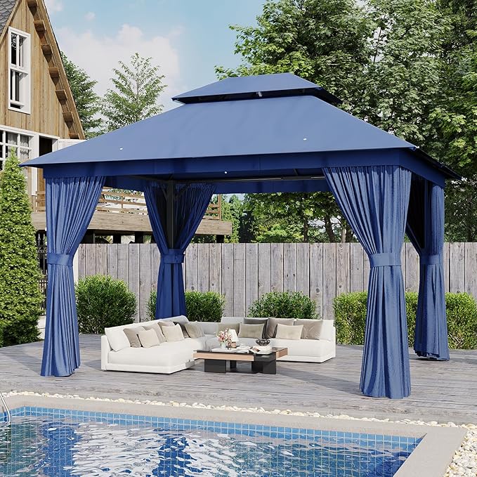 AOXUN Outdoor Gazebo for Patio 10x12, Metal Frame Canopy with Double Roofs, Heavy Duty Party Tent and Shelter with Mosquito Netting and Privacy Screen for Backyard, Lawn, Garden, Deck
