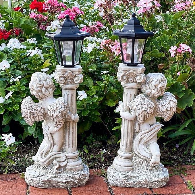 Angel Statue with Solar Lights (Right) 19.7 Inch, Outdoor Solar Angel Garden Statue with Roma Pillar for Garden Lawn Deocr, Christian Religious Gift