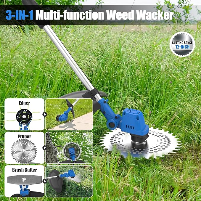 AZZUNO 21V 12-inch Brushless Weed Wacker Cordless Grass Eater Electric Lawn String Trimmer, Lightweight Brush Cutter 4.0Ah Battery Powered with Charger and Blades for Garden Yard
