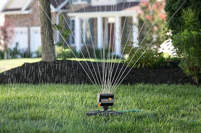 Melnor 65131AMZ MiniMax Turbo Oscillator Sprinkler, 4000 sq. ft., 4-Way Adjustable, Quick Connect Bundle, Black, Yellow