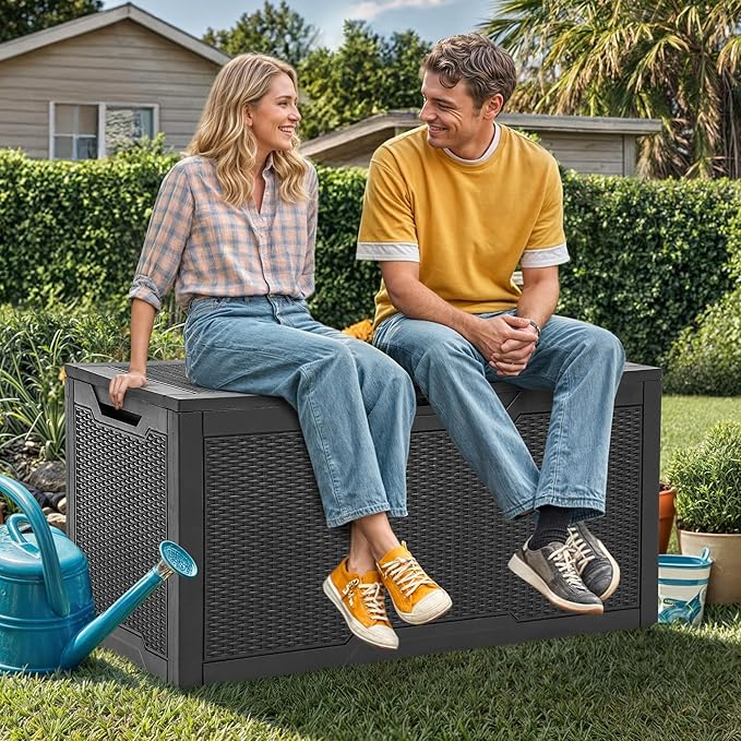 YITAHOME 100 Gallon Outdoor Storage Box, Large Water Resistant Resin Deck Box, Indoor Outdoor Lockable Storage Container for Patio, Garden, Cushions, Tools, Equipment (Black)