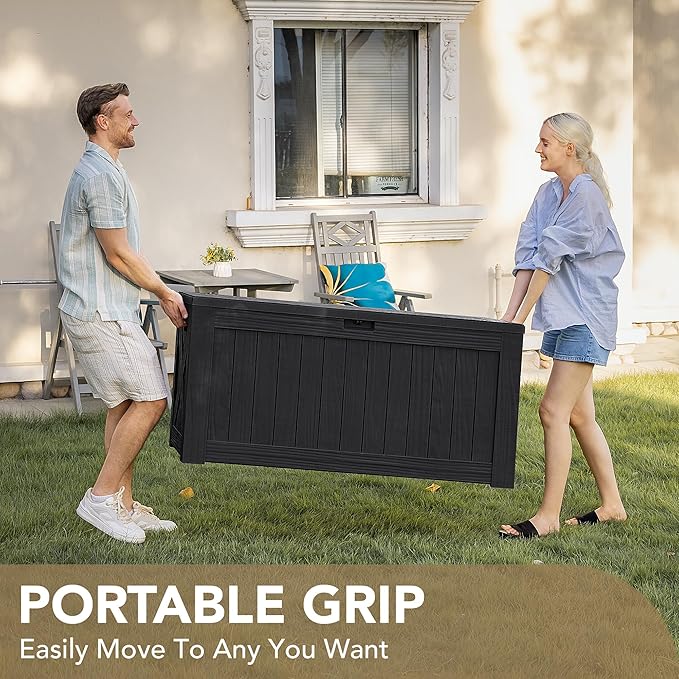 Devoko 120 Gallon Deck Box Resin Outdoor Storage Box Waterproof for Patio, Large Outdoor Storage Bench Lockable for Outside (Black)