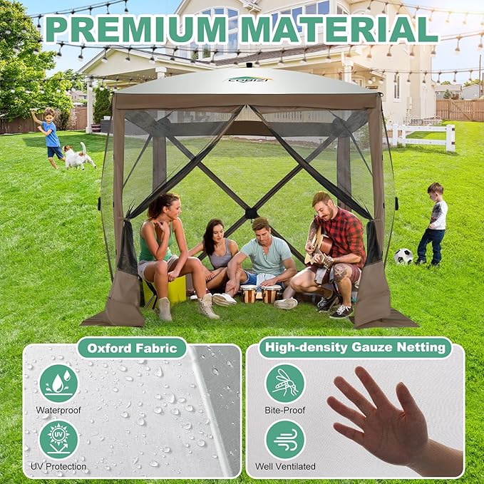COBIZI 6x6 Pop up Gazebo Tent on Clearance, Ez up Waterproof Screen Tent Screen House with 3 sidewalls,Portable Outdoor Canopy with Carry Bag & Ground Stakes for Camping,Garden and Picnics, Brown