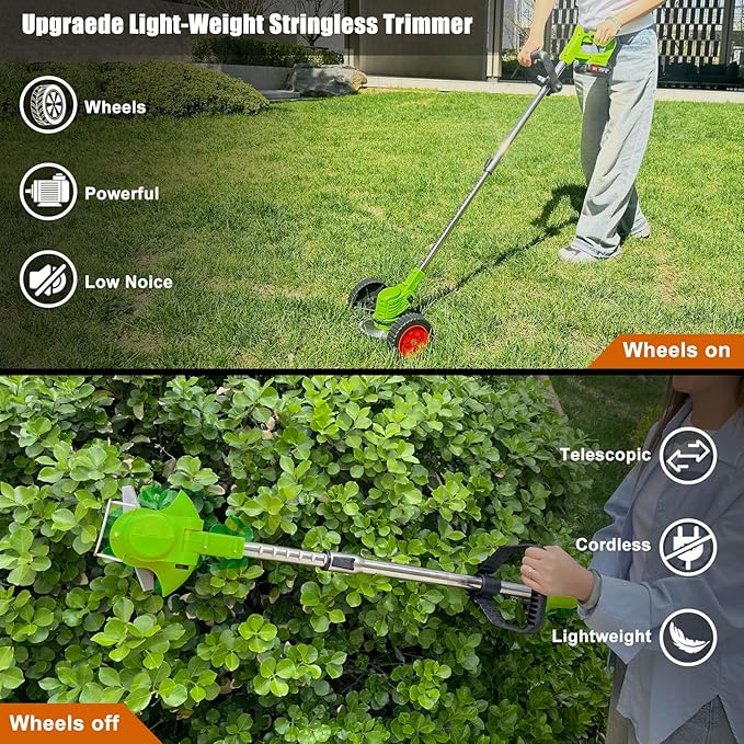 Electric Weed Wacker Eater Battery Powered, Cordless 21V Weed Trimmer with 2 Battery Operated & Charger & Wheels & Shears, 3 in 1 Lightweight Grass Trimmer/Edger/Brush Cutter for Garden Yard Lawn