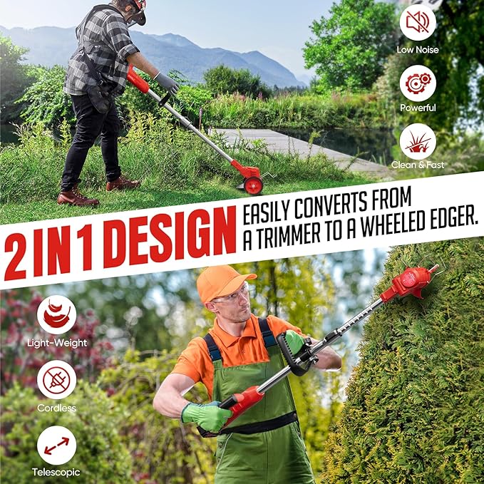 SHALL 24V Cordless Weed Wacker, 3-in-1 Electric Weed Eater Grass String Trimmer Edger, Telescopic Brush Cutter, 2 x 1.5Ah Battery Powered Lawn Mower with 3 Types Blades & Wheels for Yard Garden