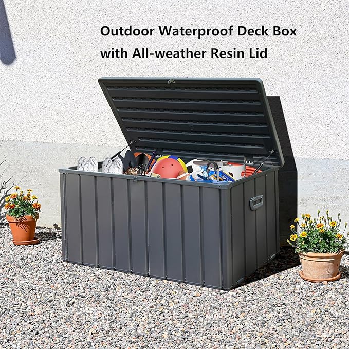 CHUNLY 100 Gallon Outdoor Waterproof Deck Box with Lockable Resin Lid, Storage Bench w/Mobility Rollers, All-weather Patio Storage Box for Outside Furniture Cushions, Garden Tools (Dark Gray)