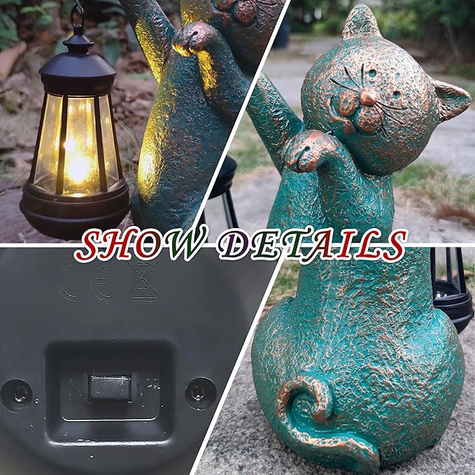 Cat Garden Statue Outdoor Décor with Solar Lights Lantern,Cat Solar Light Figurines Outside Decorations for Yard,Lawn Patio, Balcony, Unique Housewarming Gifts