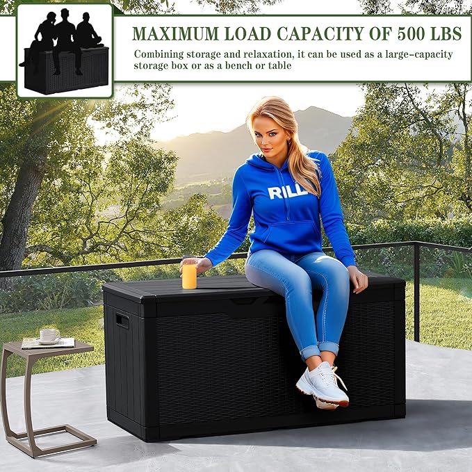 Greesum 100 Gallon Resin Deck Box Large Outdoor Storage, Imitation Rattan Weave Texture for Patio Furniture, Garden Tools, Pool Supplies, Weatherproof and UV Resistant, Lockable, Dark Black