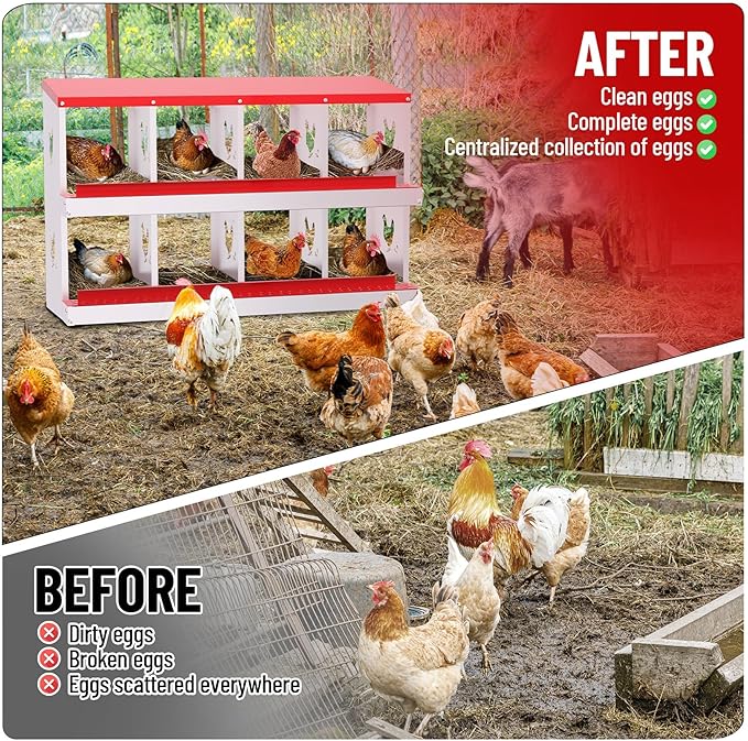 Chicken Nesting Boxes,8 Compartments Galvanized Steel Metal Laying Boxes,Pull-Out Egg Box Easy Egg Collection & Clean,Wall Mount Suitable for Farm Chicken House,Red