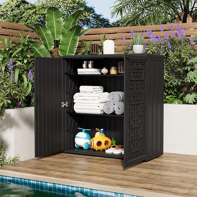 Outdoor Storage Cabinet Waterproof with Shelf,Resin Storage Sheds Outdoor Cabinets for tub towels/chemicals/grill items/Patio/Garden/Backyard, Size 34.3''L*15''W*36.2''H(Black)