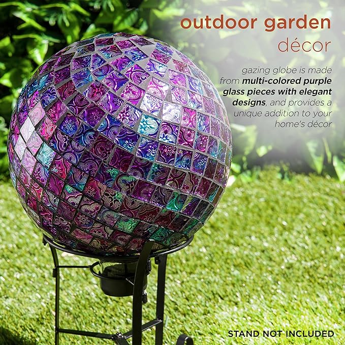 Alpine Corporation 10" Diameter Indoor/Outdoor Glass Mosaic Gazing Globe Yard Decoration, Purple Embossed Tile
