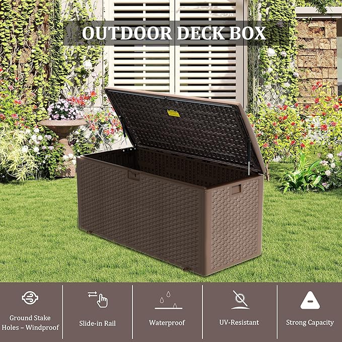 180GAL PRO Brown Blow - Molded Outdoor Deck Box with Lock Hole- Waterproof, SGS - Certified UV Resistance, Professional - Grade Storage for Garden Machinery and Large - Scale Outdoor Equipment