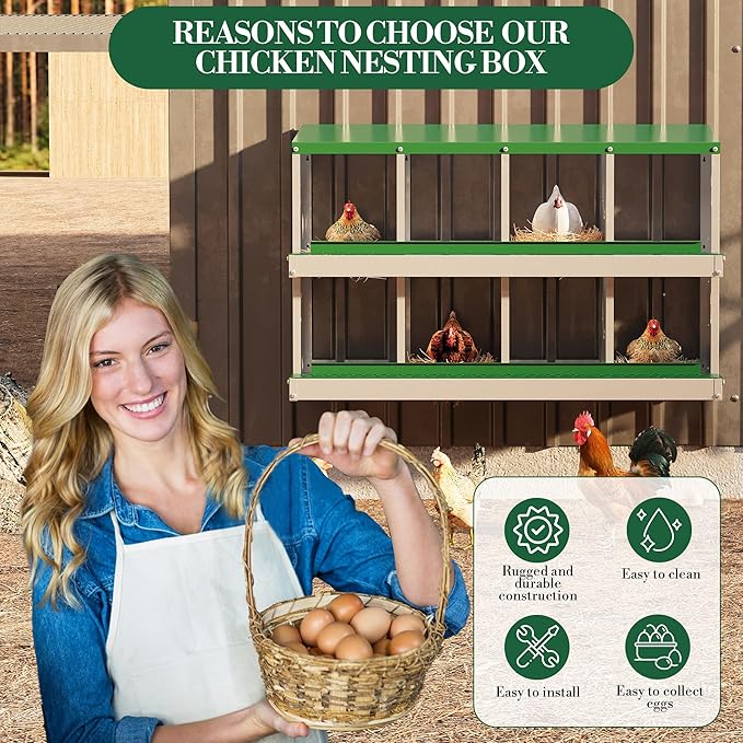 Metal Nesting Boxes for Chickens - 10 Compartments Chicken Roosting Boxes, Chicken Coop Nest Box with Perch & Lid - Versatile Wall Mount or Free Standing for Backyard Flocks, Homesteads, Farms
